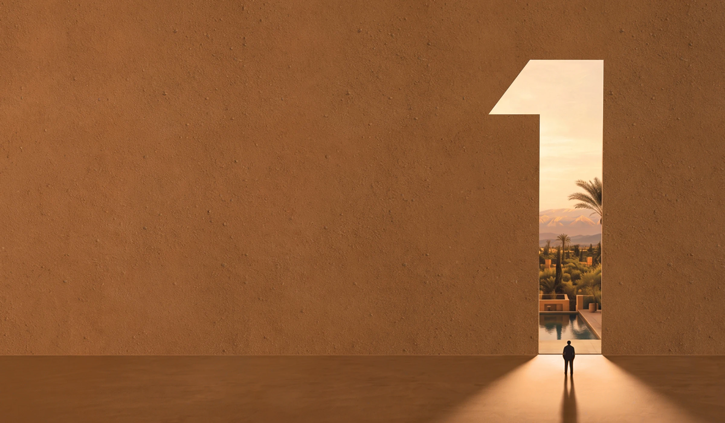 Porte en forme de chiffre 1, ouverte sur une villa Terrafino Villas Marrakech et l'Atlas