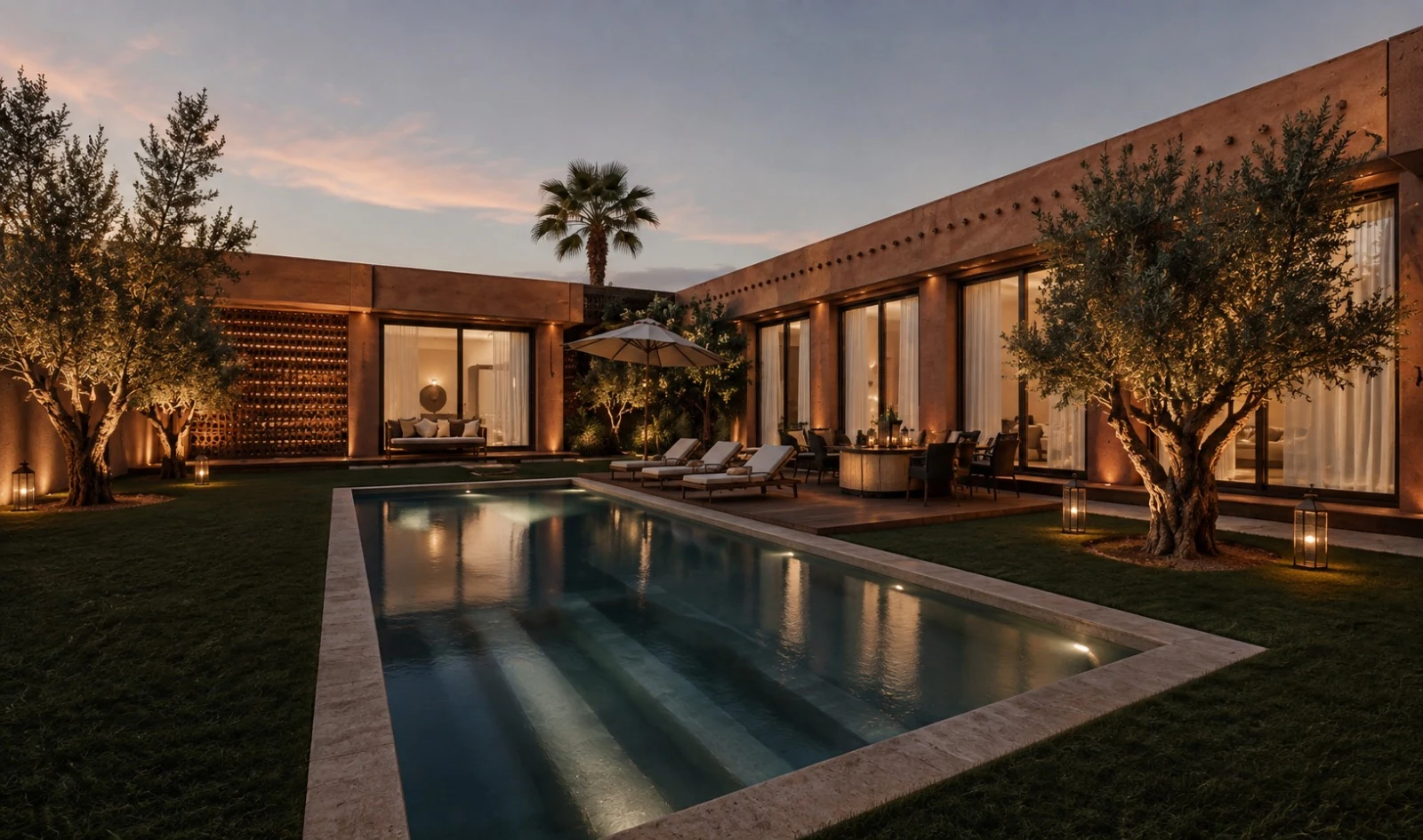 Cour intérieure et piscine d'une villa Terrafino Villas Marrakech à la tombée du jour