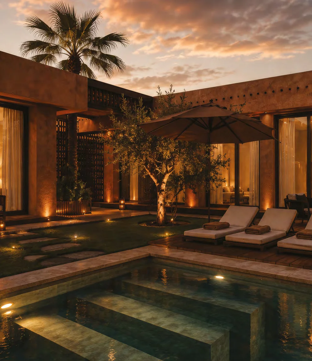 Façade d'une villa Terrafino Villas Marrakech à la tombée du jour