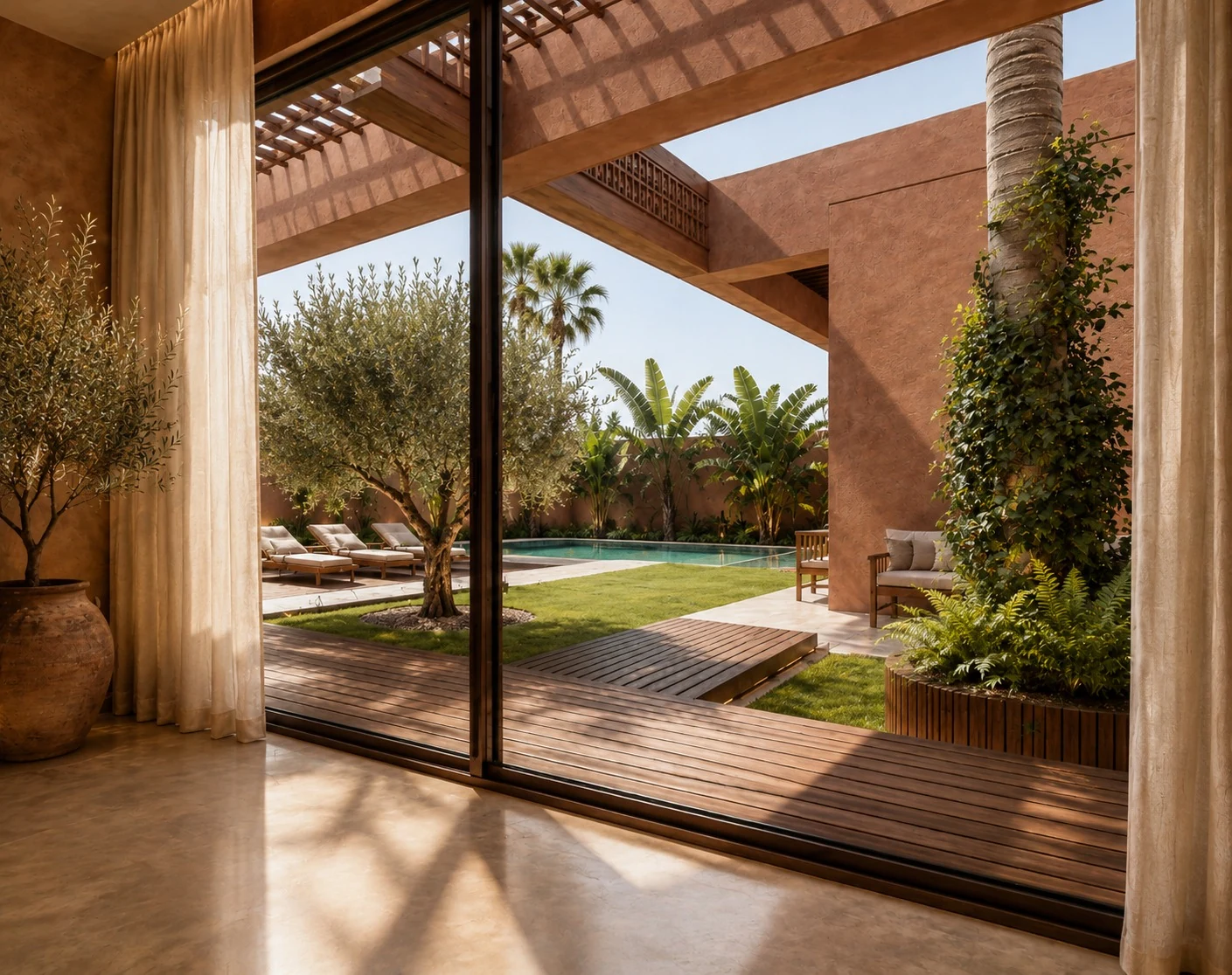 Salon d'une villa Terrafino Villas Marrakech, ouvert sur le jardin
