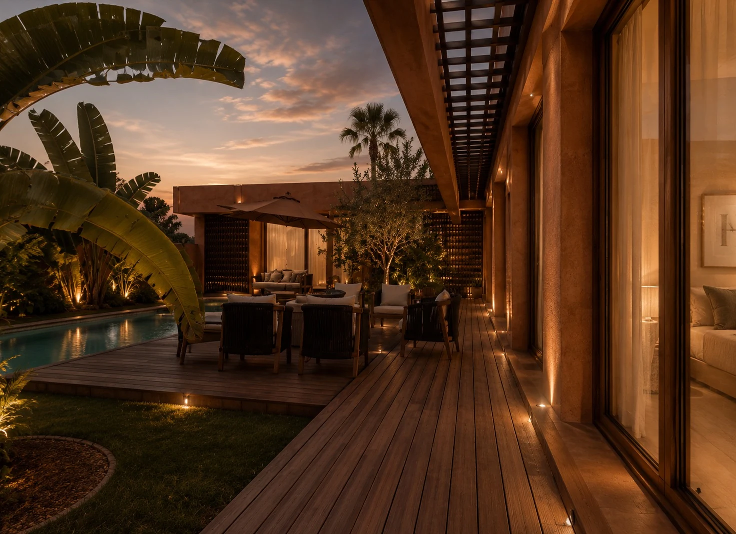 Terrasse en bois et piscine d'une villa Terrafino Villas Marrakech à la tombée du jour