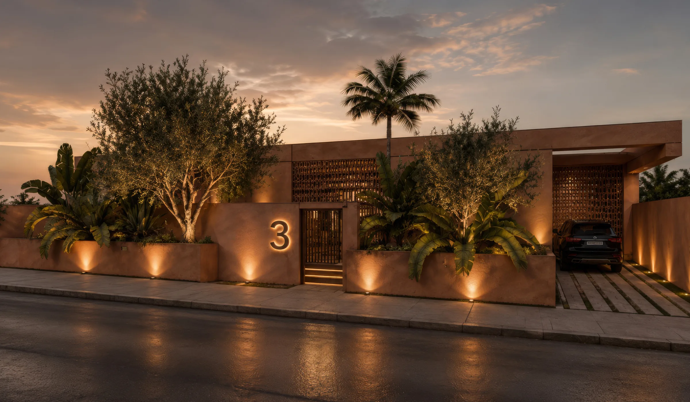 Entrée sécurisée d'une villa Terrafino Villas Marrakech, à la tombée du jour