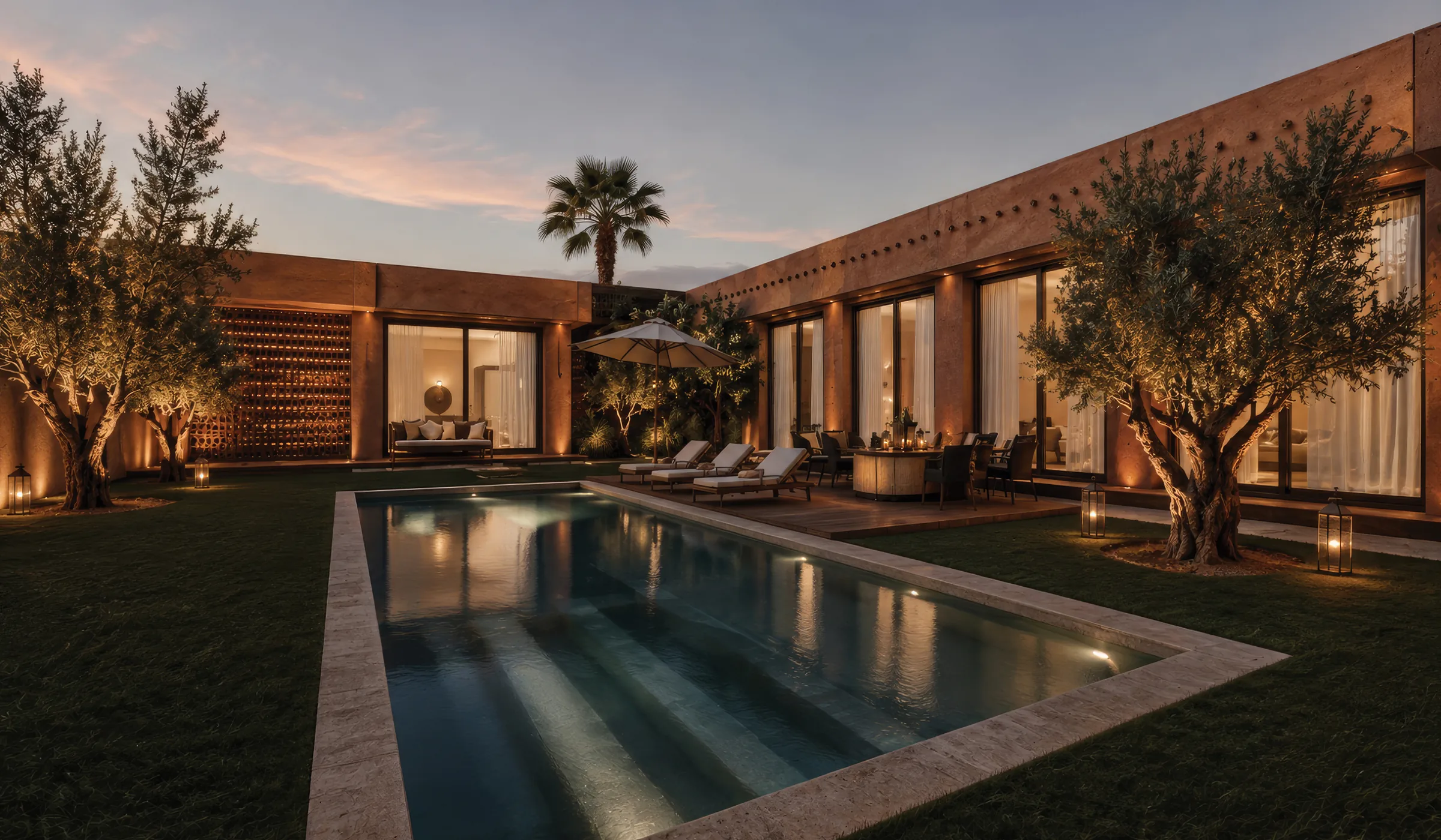 Patio et piscine privative d'une villa Terrafino Villas Marrakech, à la tombée du jour