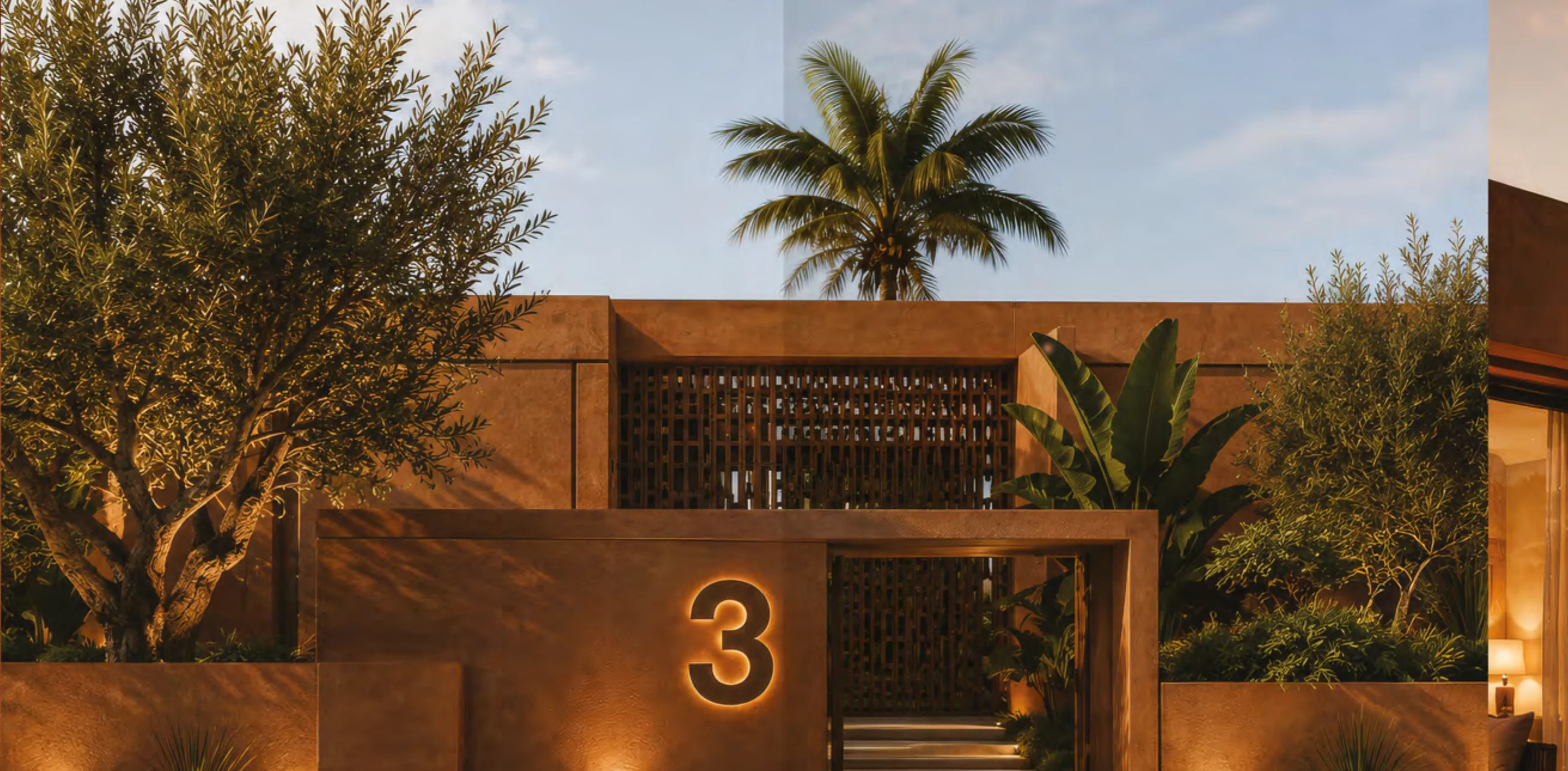 Façade et entrée d'une villa Terrafino Villas Marrakech, architecture contemporaine