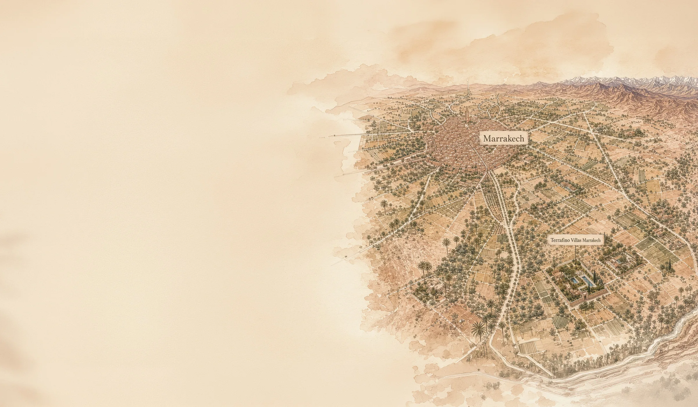 Carte illustrée de Marrakech et de la Route de l'Ourika, avec la localisation de Terrafino Villas Marrakech