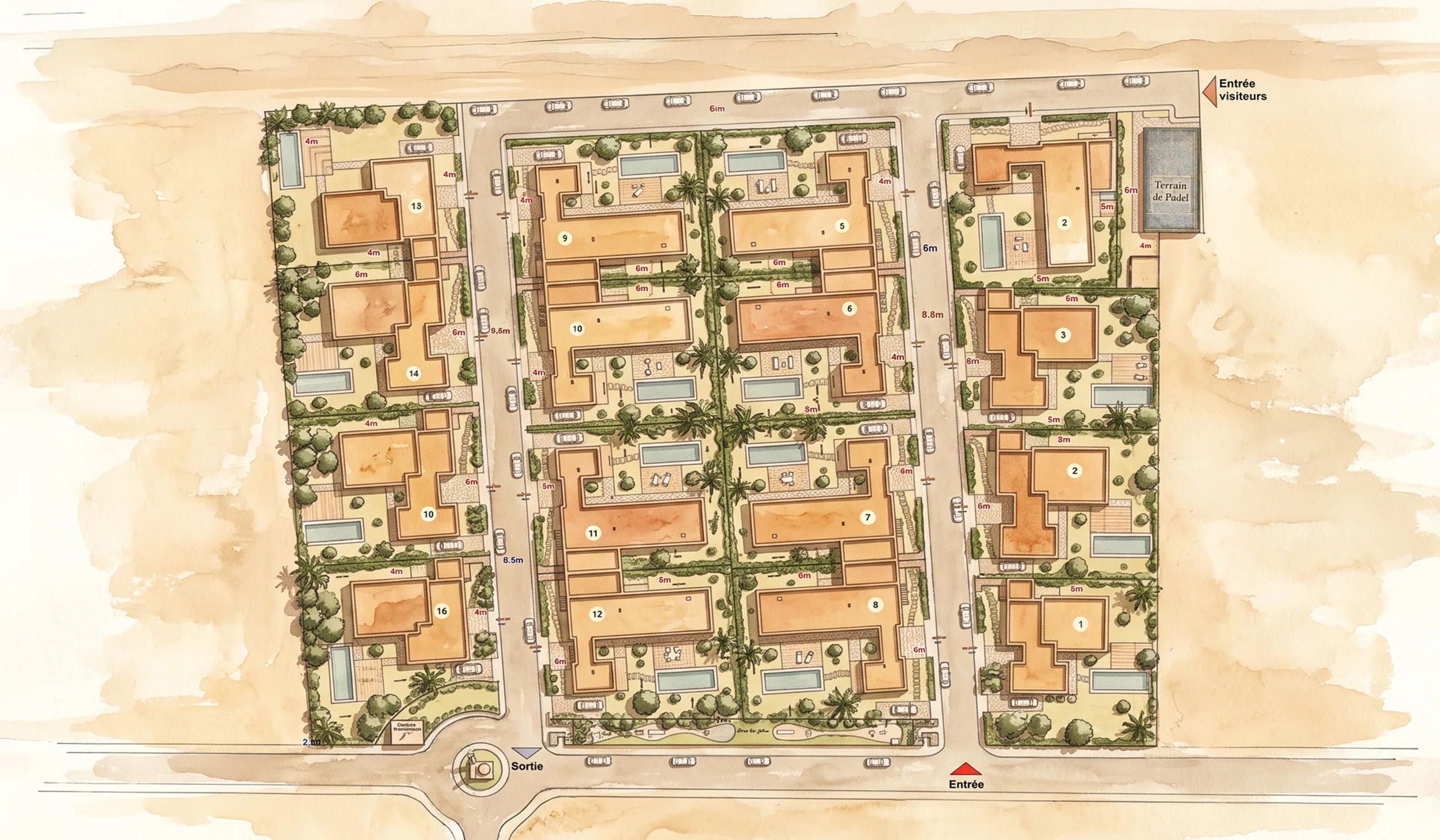 Plan de masse officiel de Terrafino Villas Marrakech : 16 villas numérotées, entrée principale, entrée visiteurs, sortie et terrain de padel, Route de l'Ourika
