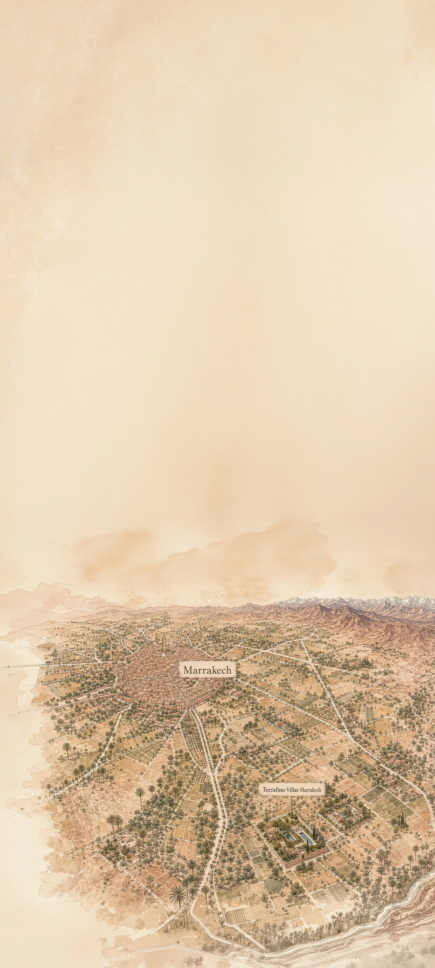 Carte illustrée de Marrakech et de la Route de l'Ourika, avec la localisation de Terrafino Villas Marrakech