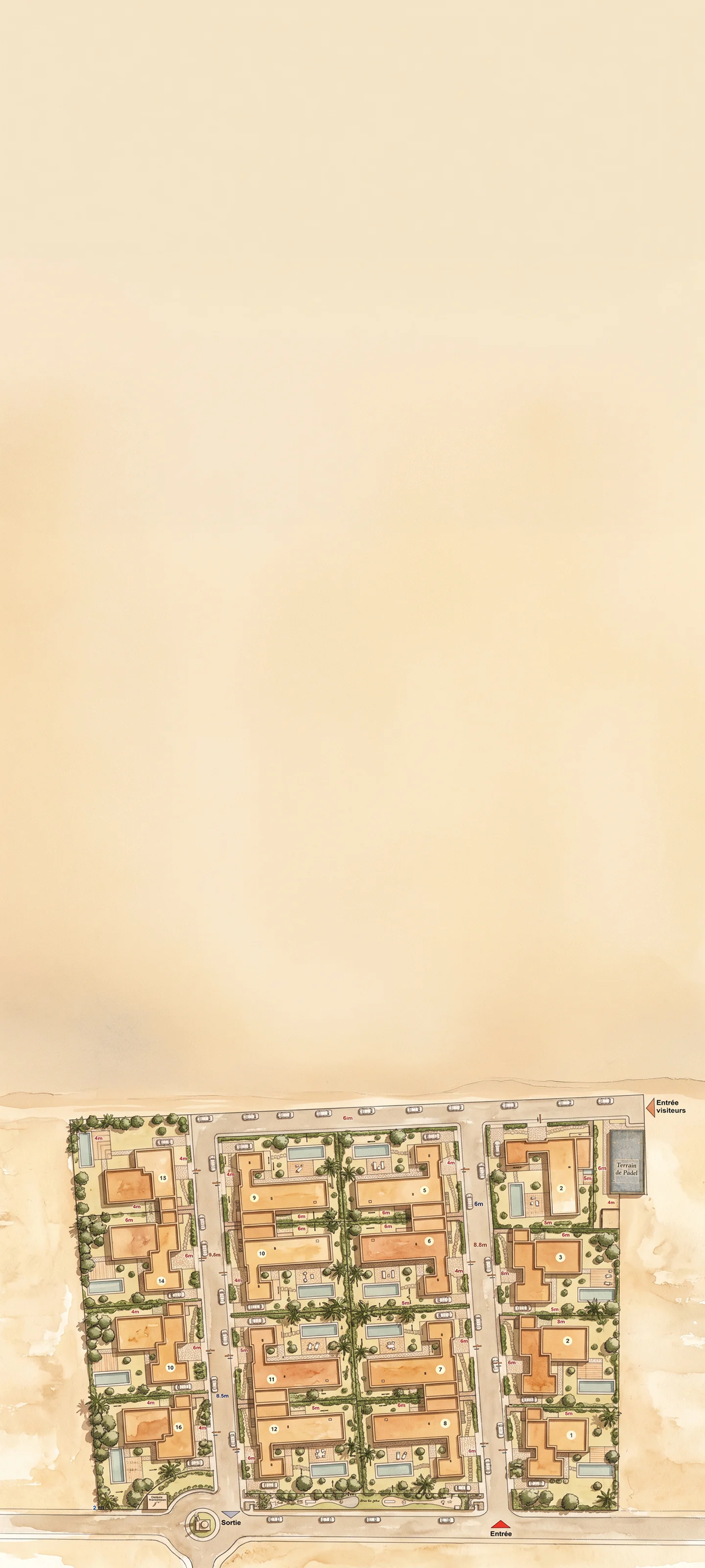 Plan de masse officiel de Terrafino Villas Marrakech : 16 villas numérotées, entrée principale, entrée visiteurs, sortie et terrain de padel, Route de l'Ourika