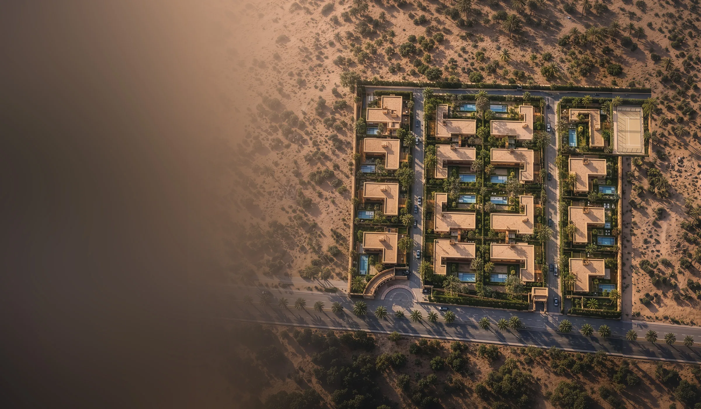 Vue aérienne du domaine Terrafino Villas Marrakech, 16 villas avec piscines privatives, Route de l'Ourika